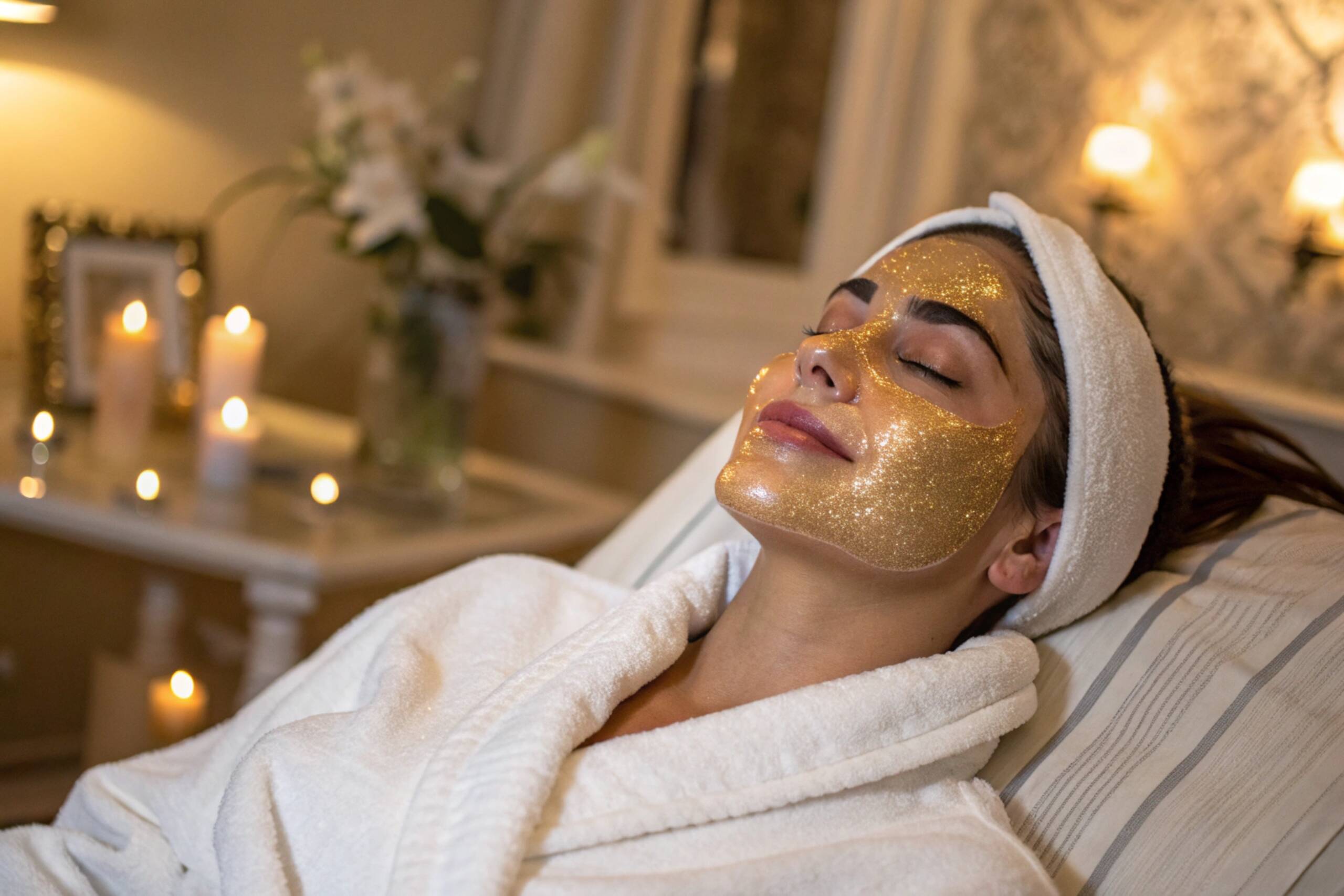 Donna rilassata con maschera viso dorata durante un trattamento skincare di lusso in un centro estetico.