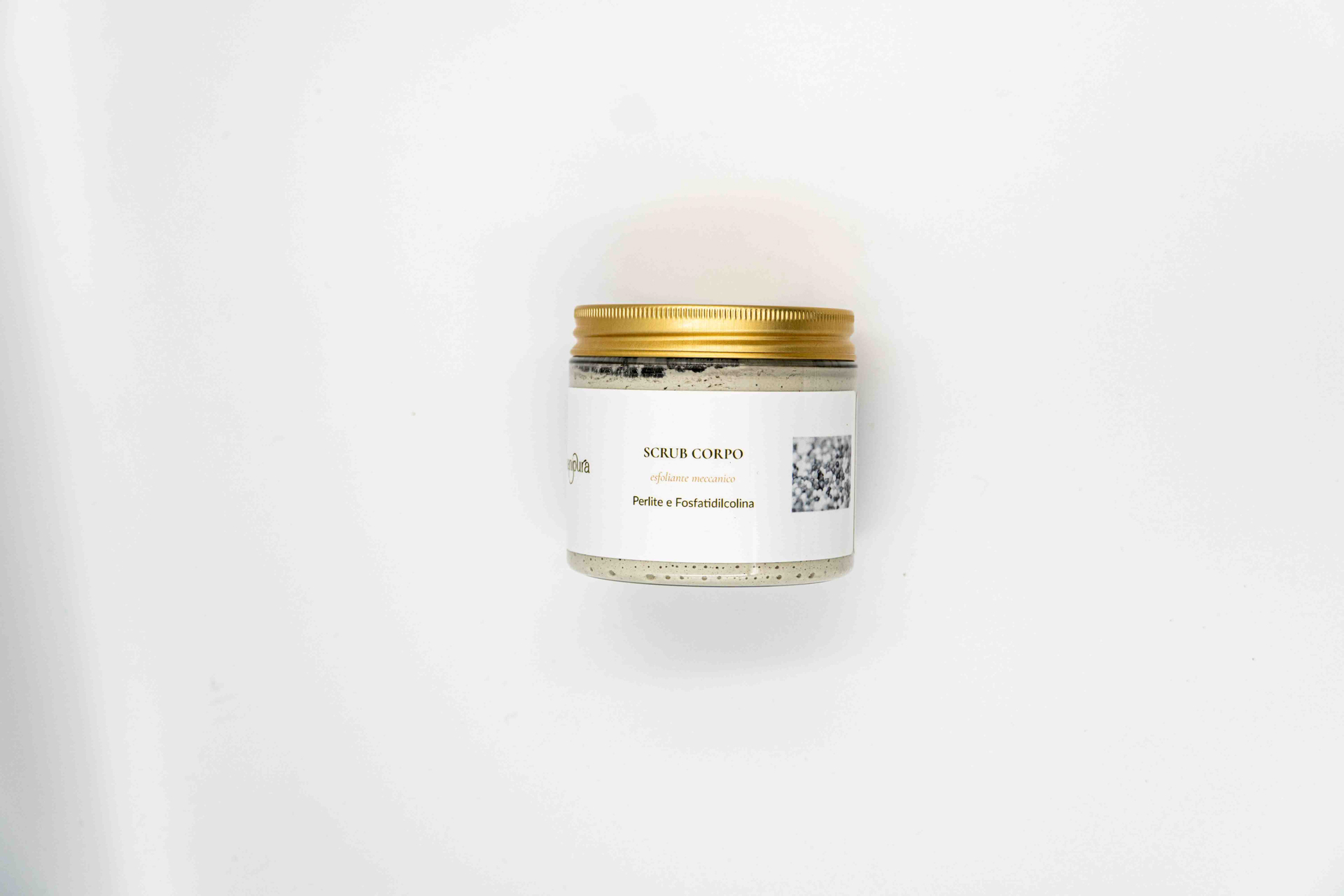 Vasetto dello Scrub Corpo Manipura mostrato frontalmente su sfondo bianco.