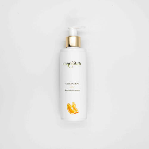 Flacone della Crema Corpo per cellulite all'arancio amaro e dolce, tappo dorato su sfondo bianco.