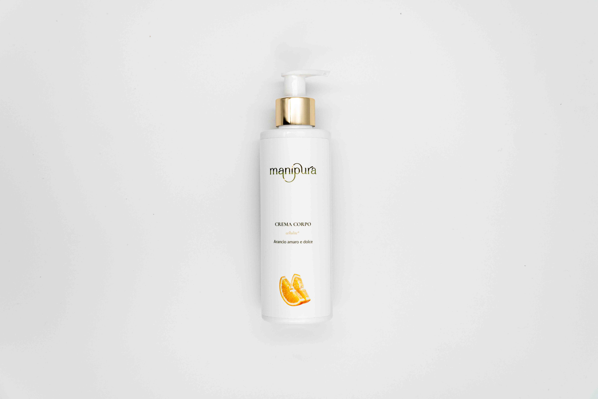 Flacone della Crema Corpo per cellulite all'arancio amaro e dolce, tappo dorato su sfondo bianco.