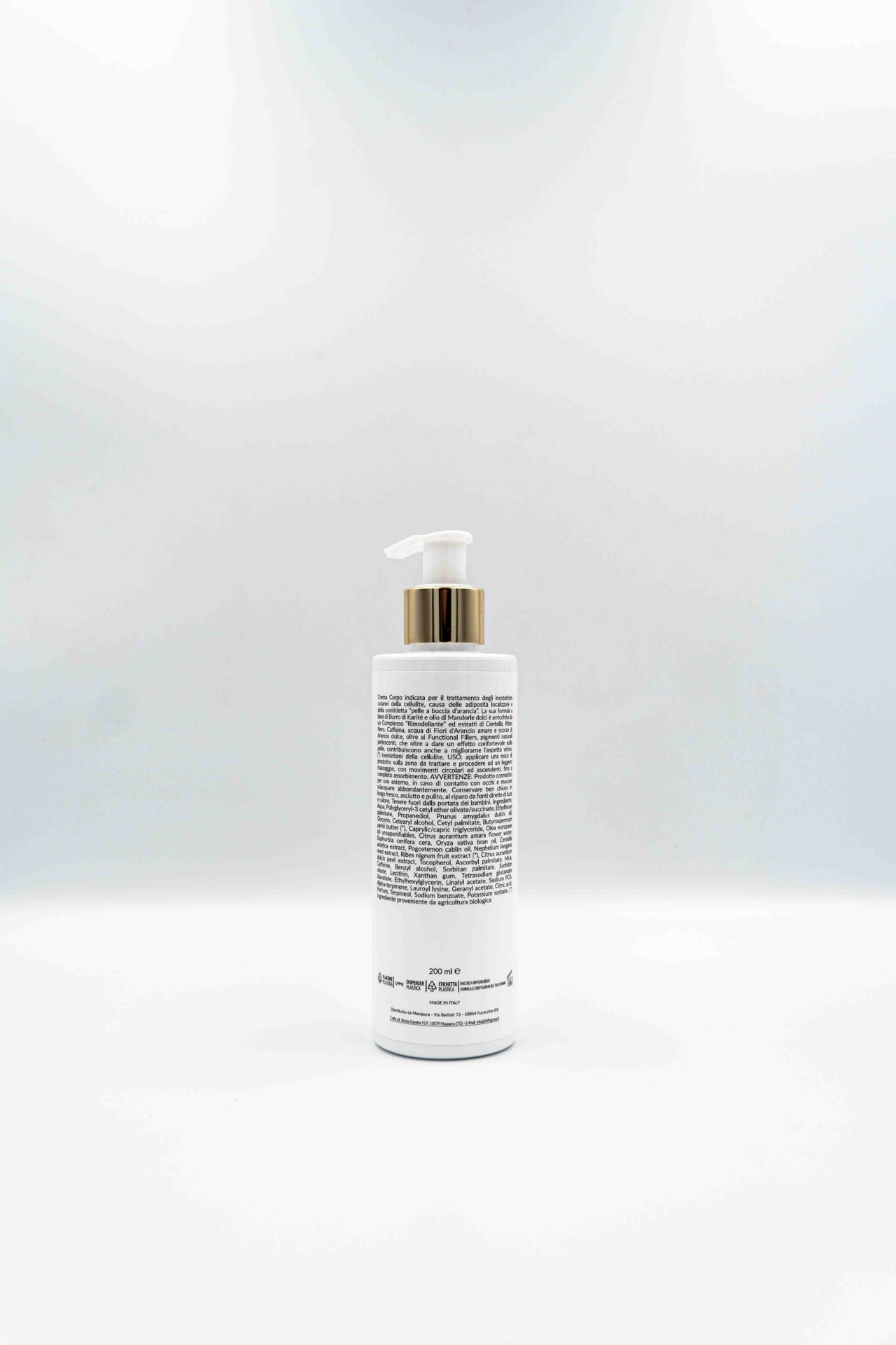 Flacone della Crema Corpo per cellulite all'arancio amaro e dolce, tappo dorato su sfondo bianco.