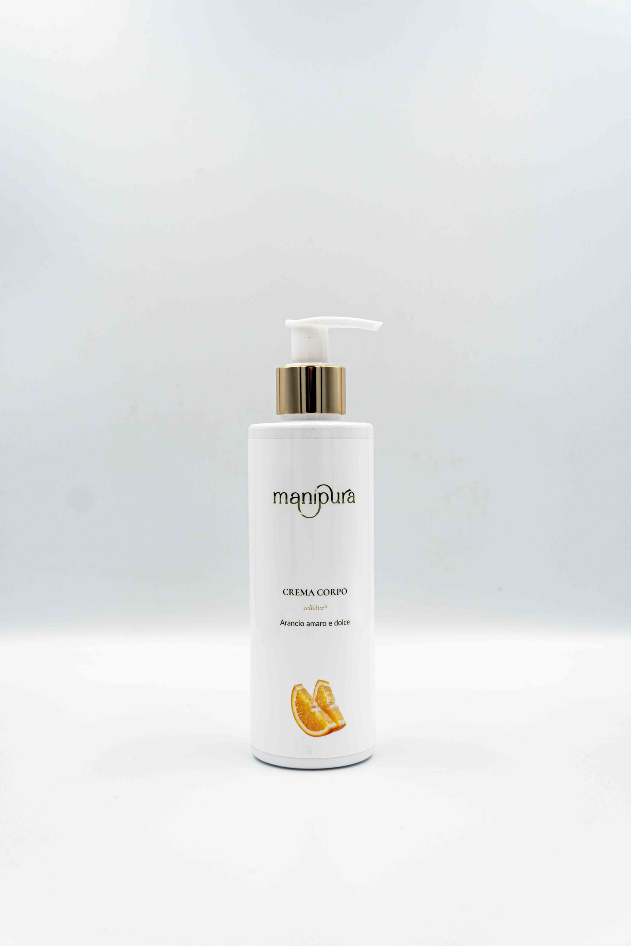 Flacone della Crema Corpo per cellulite all'arancio amaro e dolce, tappo dorato su sfondo bianco.