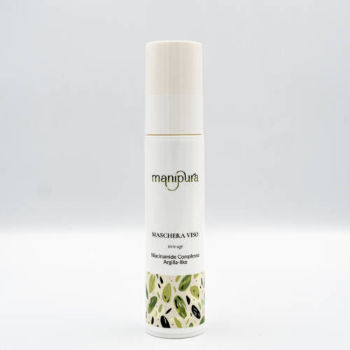 Flacone aperto della maschera viso Teen Age di Manipura con tappo appoggiato accanto su sfondo bianco.
