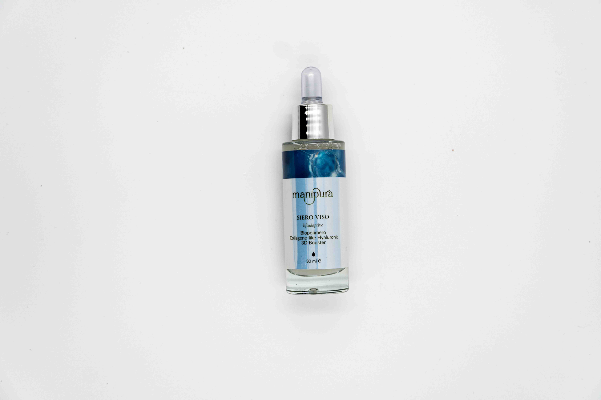 Flacone frontale del Siero Viso Liftadaptive di Manipura, con tappo argentato e serigrafia blu, fotografato su sfondo bianco pulito.